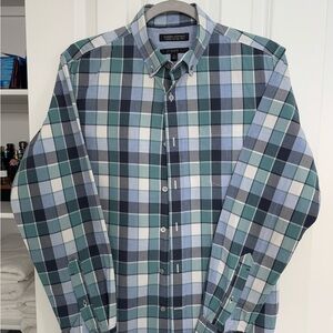 Banana Republic Men's Plaid Shirt - Green, Blue, and White